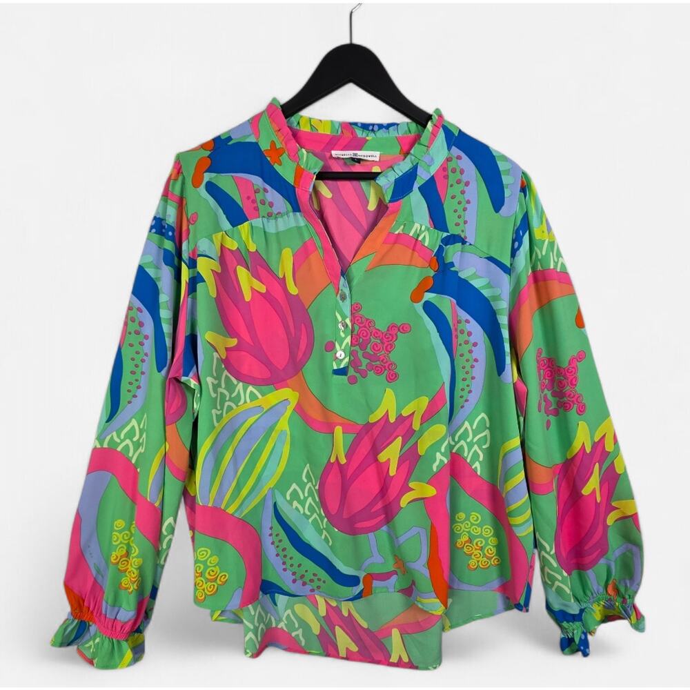 Michelle McDowell Colorful Floral Popover Puff Sleeve Top Sz L Green Office Bold - Picture 16 of 16